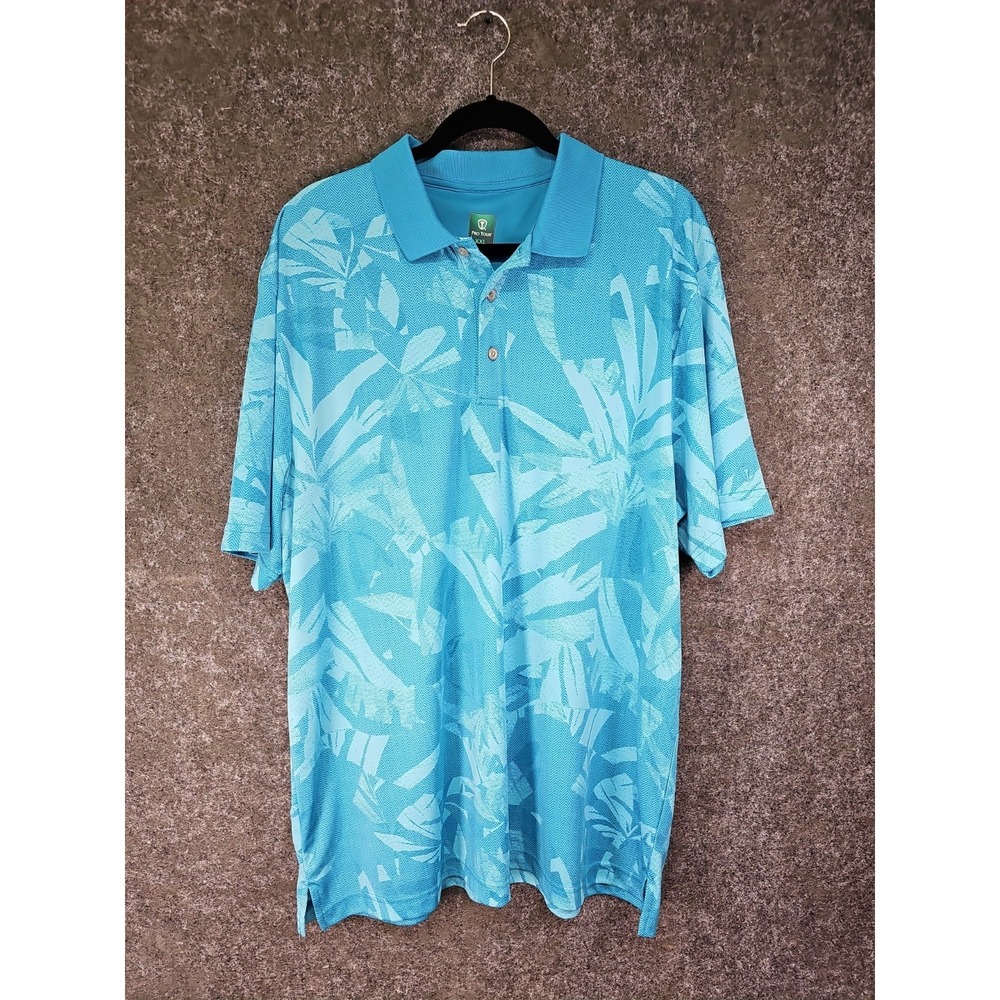 Pro Tour Men's Polo Golf Shirt, Moisture Wicking, Tropical Leaf Blue, Size XXL